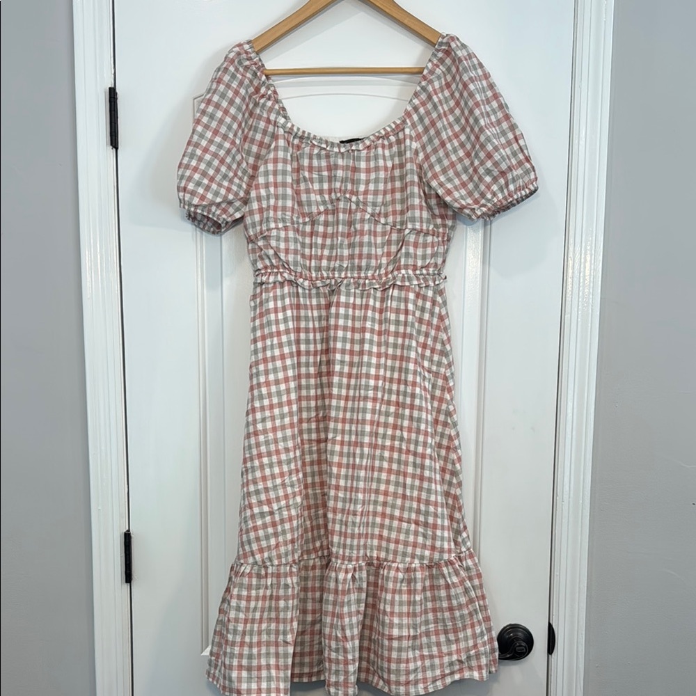 Plaid Cotton Midi Puff Sleeve Dress